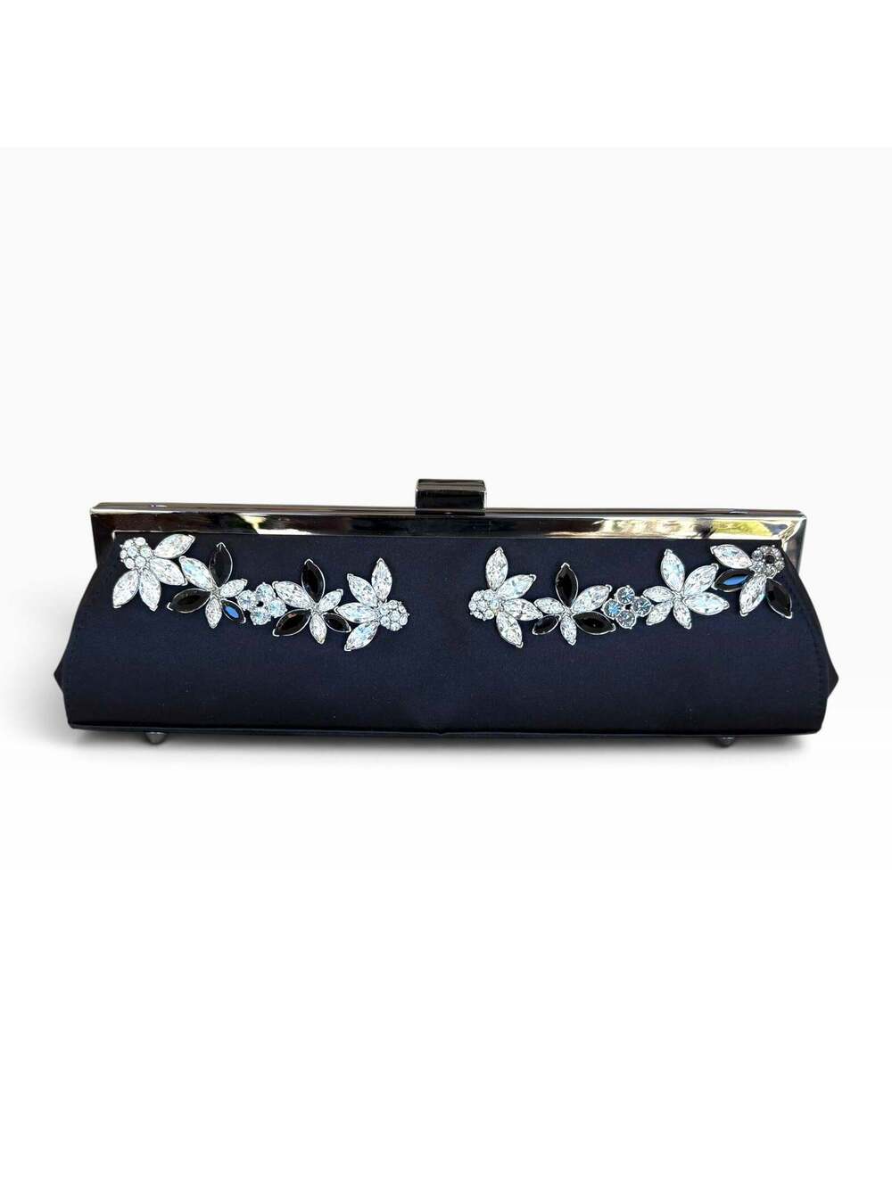 Moo Roo Charleston Black Satin Crystal Embellished Evening Clutch—signed